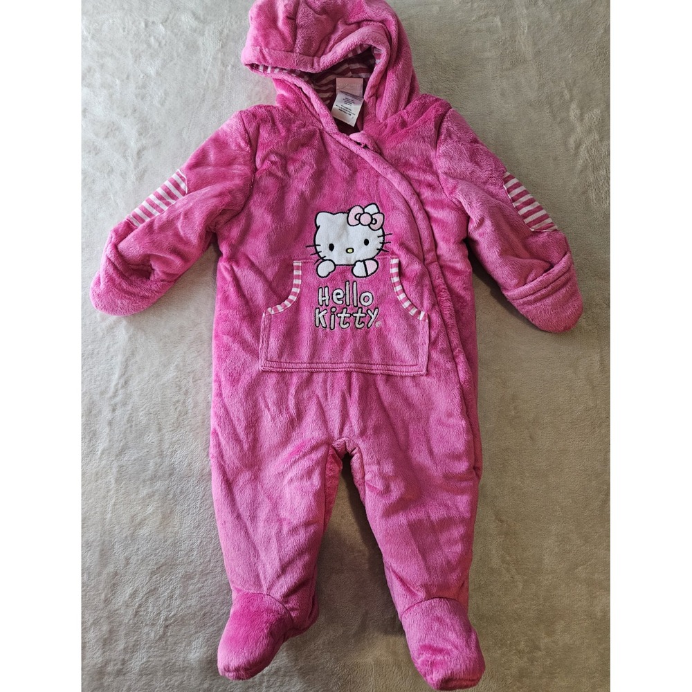 Hello Kitty‎ Baby Girl Pink Plush Hooded Snowsuit Bunting 12M Cozy Zip One Piece